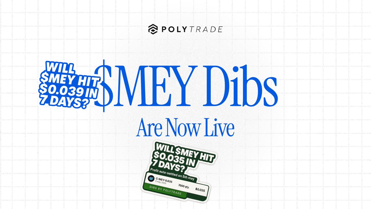 Hey $MEY community 📣

Bringing <a href="/Mey_Network/">Mey Network</a> to Dibs. Its time to call your shots.

✅ Lock in your shot at profits without buying.

✅ Pay a tiny premium, call your target, and let Dibs do the rest.

lnk.polytrade.finance/dibsonmey