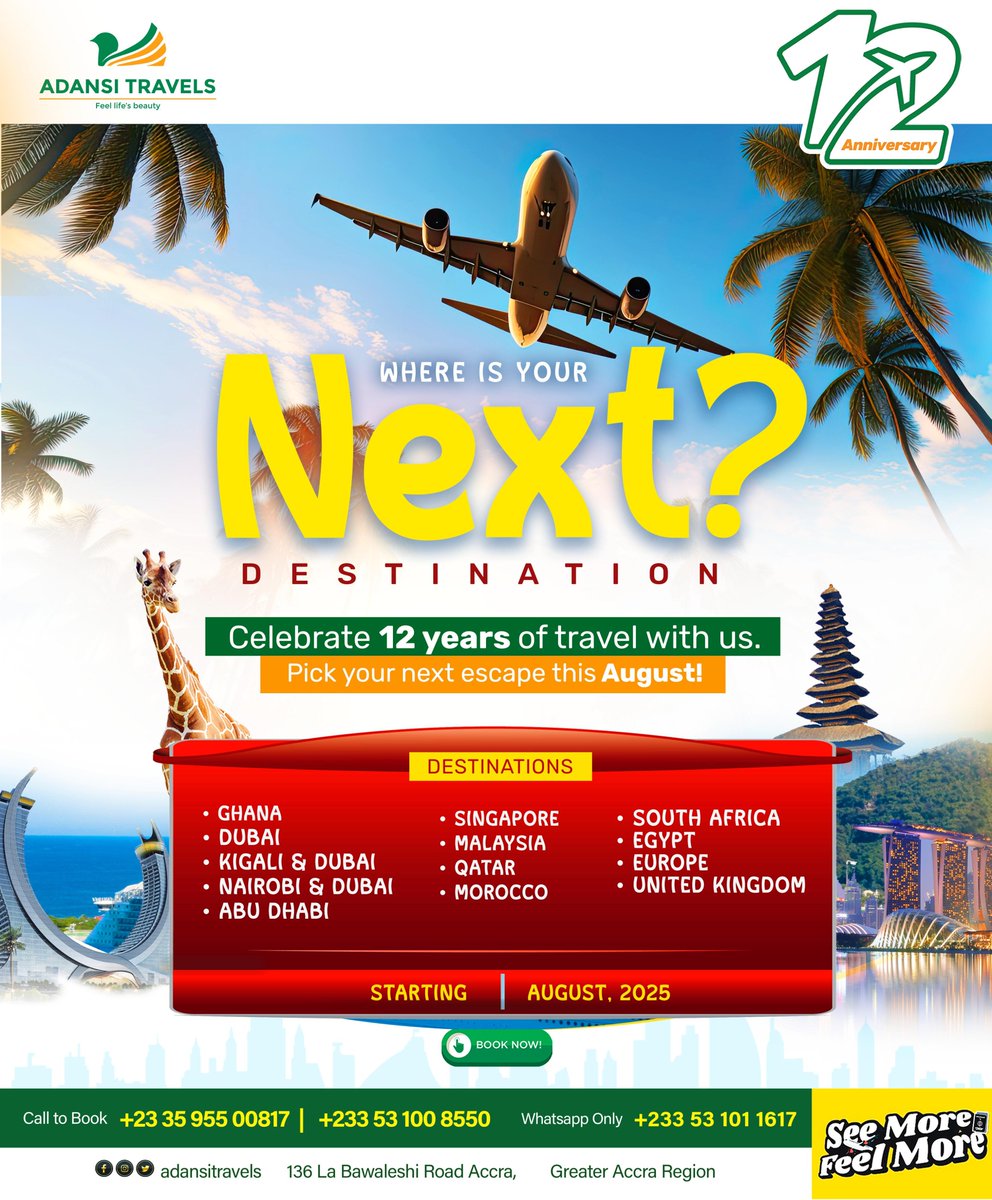 adansitravels's tweet photo. 12yrs of epic journeys!
Celebrating with exclusive summer deals to Malaysia, Qatar, Morocco, Singapore, Dubai, UK & more.
Where will you go?
#SeeMoreFeelMore #Adansiat12 #12For12 #Travel https://t.co/9WXkVmfXmK