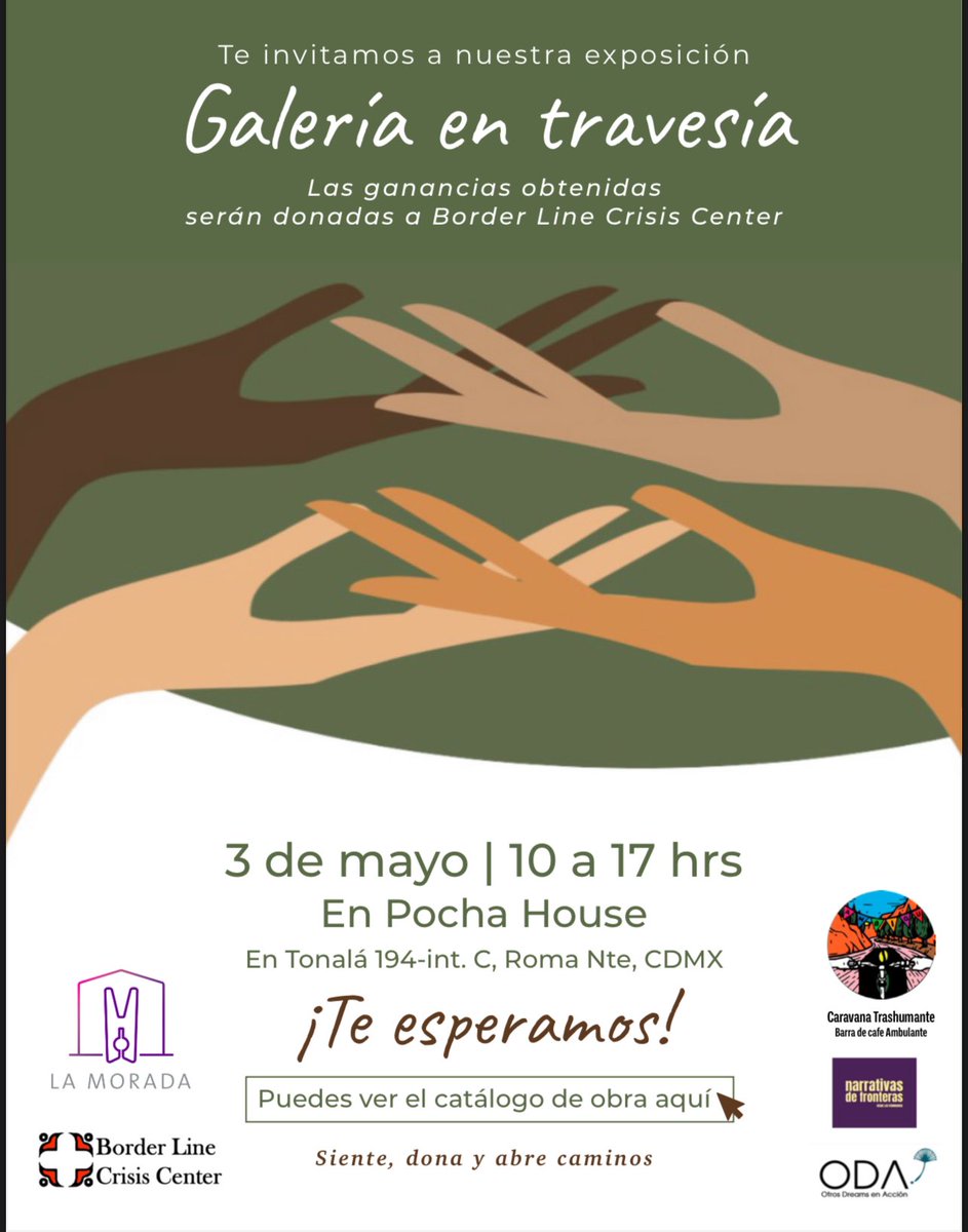 Querida comunidad de la Ciudad de México, les invitamos a nuestra exposición que coordinamos con otras organizaciones. Tendremos la venta de obras a beneficio de <a href="/BorderLinecris/">Border Line Crisis Center</a> 

Aquí puedes consultar el catálogo canva.com/design/DAGiZIh…