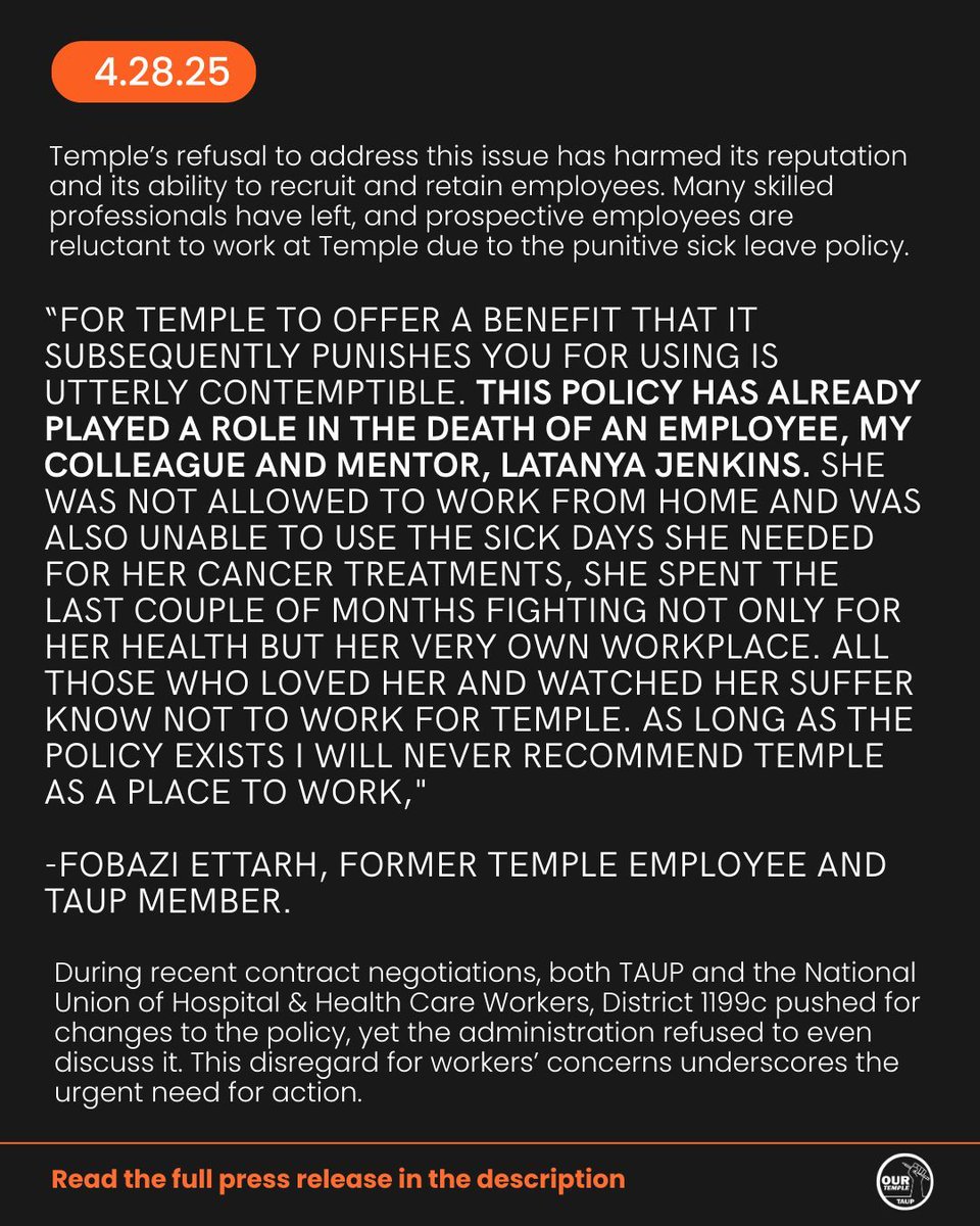 TAUP's tweet image. Temple’s sick leave policy is harsher than peer institutions — and HR leadership still refuses to act.
The Temple Labor Coalition is demanding change. 
🗞️ Read our press release: buff.ly/PtzWtDt 
 #PublicHealth #SickDay #WorkersRights #TempleUnionStrong