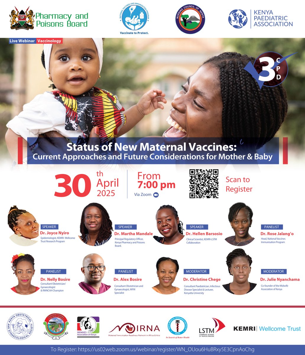 📢 Join our final #WorldImmunisationWeek webinar on April 30th at 7:00 PM (EAT)!
"Status of New Maternal Vaccines" features experts from <a href="/KEMRI_Kenya/">Kenya Medical Research Institute</a> <a href="/KEMRI_Wellcome/">KEMRI-Wellcome Trust</a> <a href="/ppbkenya/">Pharmacy and Poisons</a> <a href="/VaccinesKenya/">National Vaccines & Immunization Programme Kenya</a> <a href="/TheKOGSociety/">Kenya Obstetrical and Gynaecological Society</a> <a href="/Kenyapaeds/">Kenya Paediatric Association</a> <a href="/nnakenya/">nnakenya</a>; <a href="/rosejalango/">Dr. Rose Jalang'o</a>  

Register: lnkd.in/esgrF2pt
