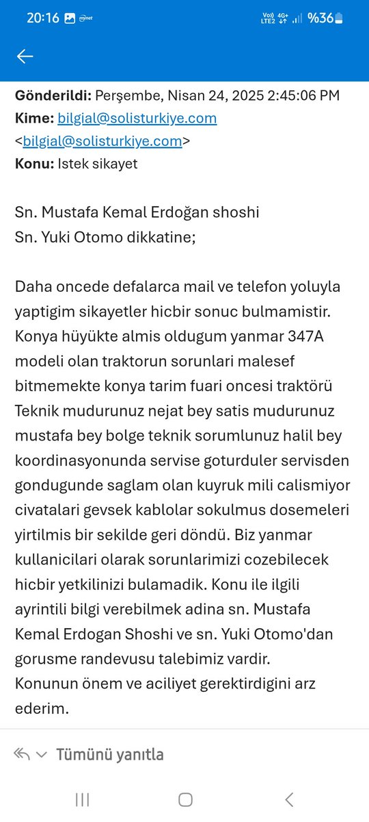 <a href="/ibrahimyumakli/">İbrahim Yumaklı</a> Sayin bakanim cumhurbaskanimiz ve sizlerin verdigi emekleri malesef ki bu firmalar bosa gideriyor. Özürlü satilan traktorler ve ilgilenmeyen servisler ve firmalar malesef ciftcilik faaliyetlerimizi yaptirtmaz hal aldilar. Bu konuyla ilgilide calisma yapmanizi rica ediyoruz