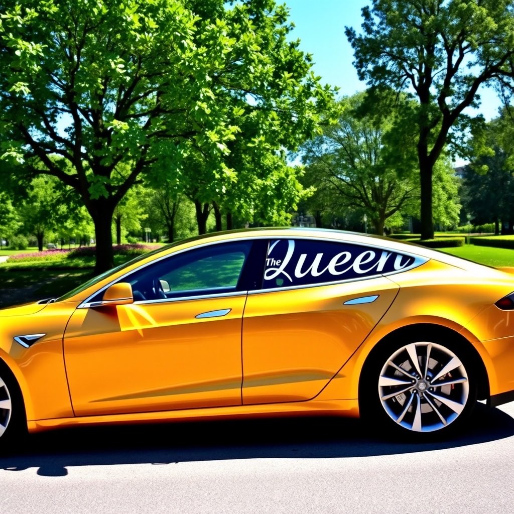 SedlackTamara's tweet photo. Here is the image of a golden Tesla with "The Queen" elegantly displayed on it. Let me know if you need anything else! #askai #chataskai #codeway https://t.co/Y51b5V7Vrb