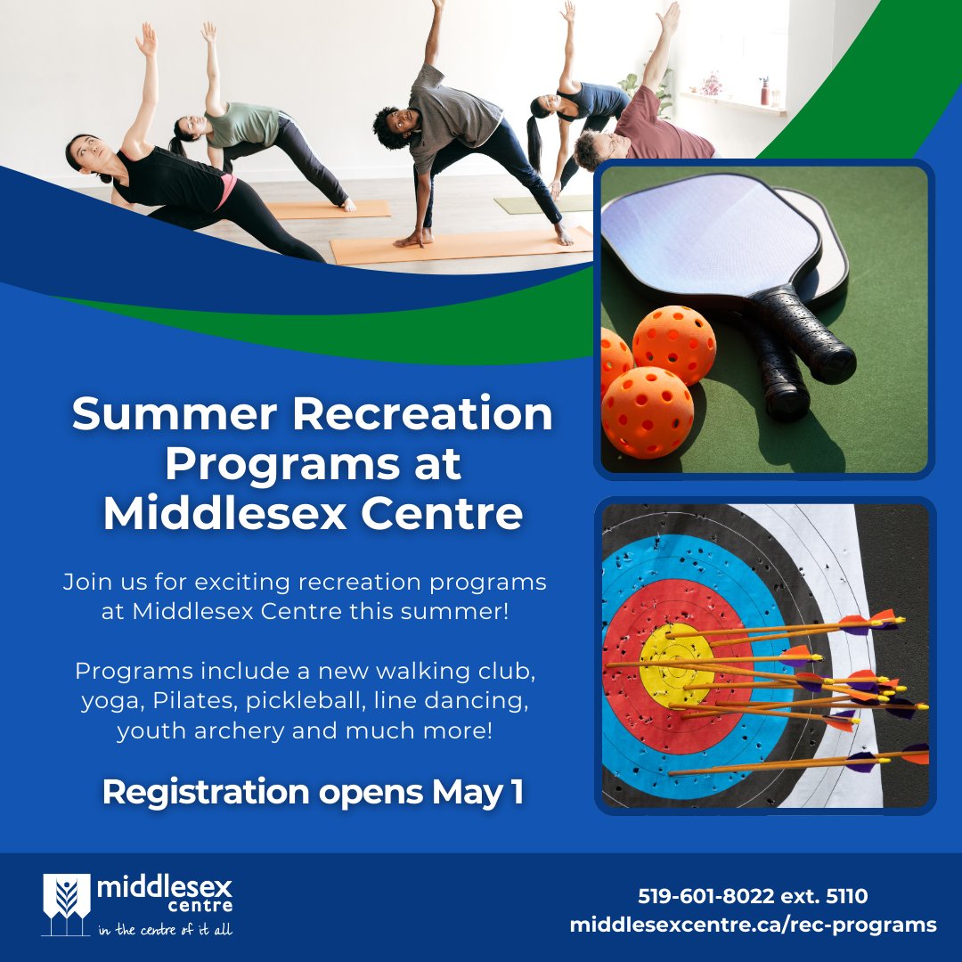 Registration for our summer recreation programs opens at 7:00 am on May 1, 2025. Youth archery &amp; climbing, pickleball, Pilates and more are available at locations across Middlesex Centre! ow.ly/hJFI50QjVMm