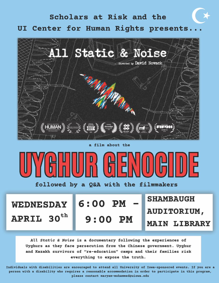 Scholars At Risk (@scholarsatrisk) on Twitter photo SAR applauds the @UIowa Student Advocacy Seminar and <a href="/UIHumanRights/">UI Center for Human Rights</a> for screening All Static & Noise—a documentary featuring <a href="/JewherIlham/">Jewher.Ilham</a> speaking out on the imprisonment of her father, Prof. Ilham Tohti, and the persecution of Uyghurs in #China. allstaticandnoise.com SAR applauds the @UIowa Student Advocacy Seminar and <a href="/UIHumanRights/">UI Center for Human Rights</a> for screening All Static & Noise—a documentary featuring <a href="/JewherIlham/">Jewher.Ilham</a> speaking out on the imprisonment of her father, Prof. Ilham Tohti, and the persecution of Uyghurs in #China. allstaticandnoise.com