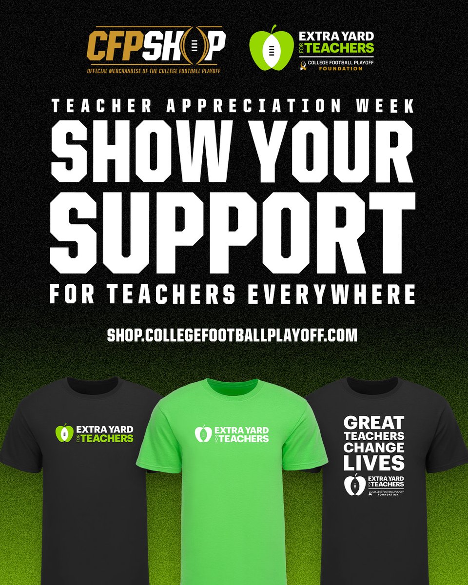 College Football Playoff (@cfbplayoff) on Twitter photo Before Teacher Appreciation Week kicks off in seven days, gear up now at the CFP Shop for official "Extra Yard for Teachers" and "Great Teachers Change Lives" merch!
#CFBPlayoff • <a href="/CFPExtraYard/">College Football Playoff (CFP) Foundation</a> 🍏🏈🏆
SHOP NOW » shop.collegefootballplayoff.com Before Teacher Appreciation Week kicks off in seven days, gear up now at the CFP Shop for official "Extra Yard for Teachers" and "Great Teachers Change Lives" merch!
#CFBPlayoff • <a href="/CFPExtraYard/">College Football Playoff (CFP) Foundation</a> 🍏🏈🏆
SHOP NOW » shop.collegefootballplayoff.com