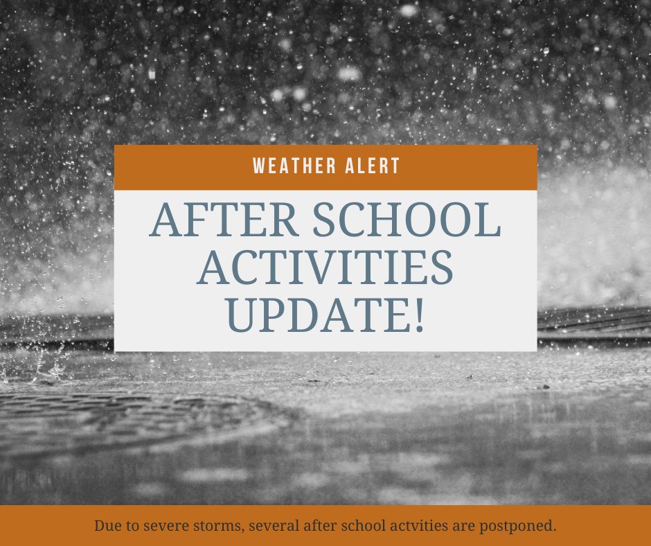 Due to impending severe weather  ISD 728 is monitoring Middle School and High School after-school activities for Monday, April 28, 2025. Check with your coach/schedule apps. Community Ed classes (indoor) are set to go. After school care ends at 6 p.m.