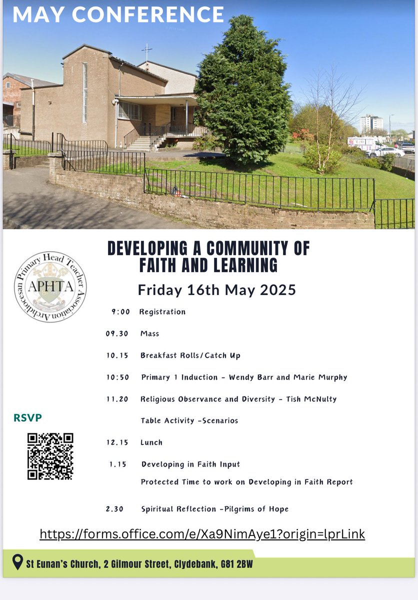 Glasgow APHTA (@aphtaglasgow) on Twitter photo Registration is open for <a href="/APHTAGlasgow/">Glasgow APHTA</a> May Conference which is on Friday 16th May in St Eunan’s in Clydebank. We are looking forward to seeing our <a href="/ArchdiocGlasgow/">Archdiocese of Glasgow</a> #HeadTeacher colleagues to work on Developing a Community of Faith and Lea ring.
forms.office.com/e/Xa9NimAye1?o… Registration is open for <a href="/APHTAGlasgow/">Glasgow APHTA</a> May Conference which is on Friday 16th May in St Eunan’s in Clydebank. We are looking forward to seeing our <a href="/ArchdiocGlasgow/">Archdiocese of Glasgow</a> #HeadTeacher colleagues to work on Developing a Community of Faith and Lea ring.
forms.office.com/e/Xa9NimAye1?o…