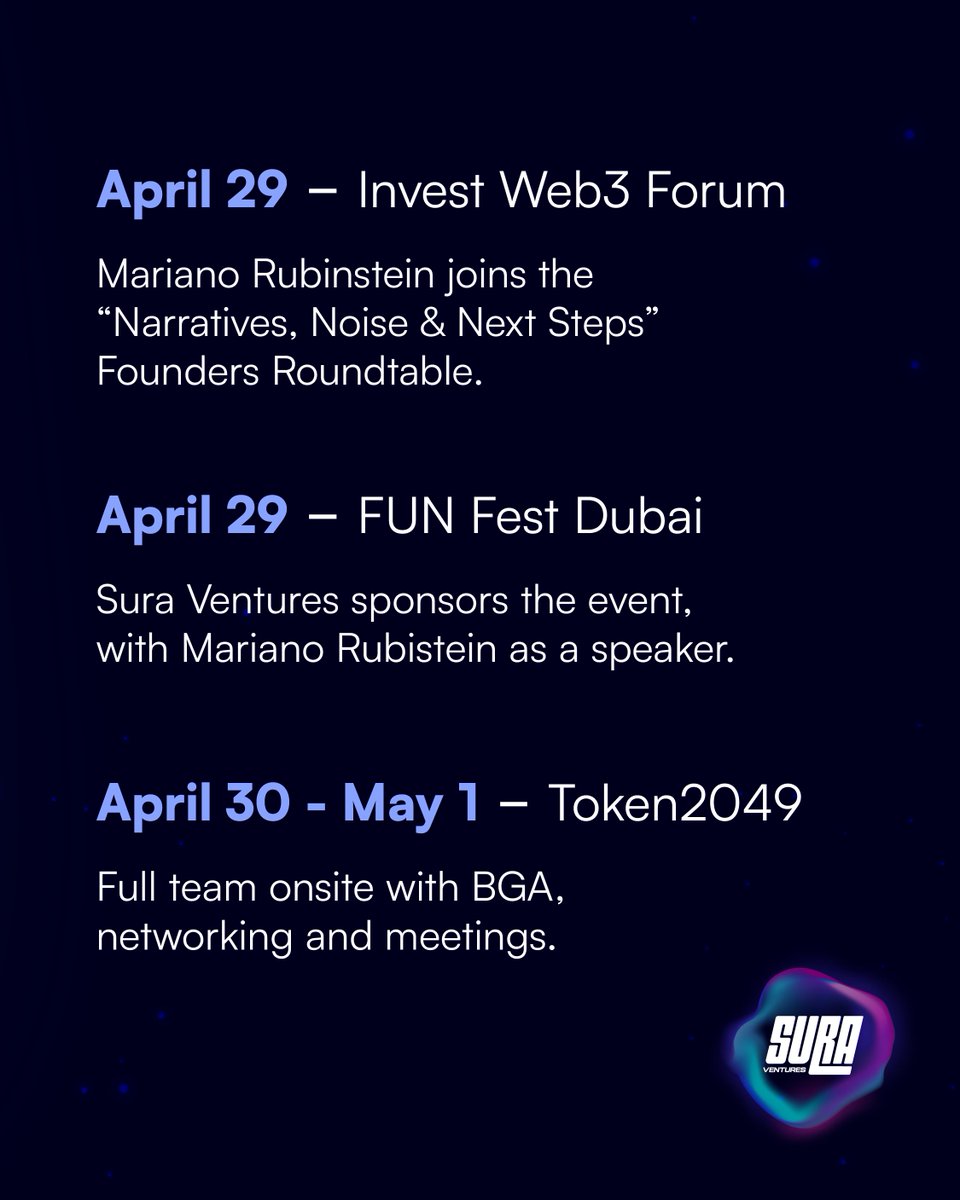 Sura Ventures (@suraventures) on Twitter photo SURA TAKES DUBAI! 🚀
This week, the Sura team is on the ground at #DubaiWeek with a powerhouse crew:
<a href="/marianoru/">Mariano Rubinstein</a> (CEO) <a href="/gerardomossotti/">Gerardo Mossotti</a> (Co-Founder & COO) and Luis Smith Montana (Head of Business Development).
Building something exciting in Web3 gaming? We’re always looking for SURA TAKES DUBAI! 🚀
This week, the Sura team is on the ground at #DubaiWeek with a powerhouse crew:
<a href="/marianoru/">Mariano Rubinstein</a> (CEO) <a href="/gerardomossotti/">Gerardo Mossotti</a> (Co-Founder & COO) and Luis Smith Montana (Head of Business Development).
Building something exciting in Web3 gaming? We’re always looking for