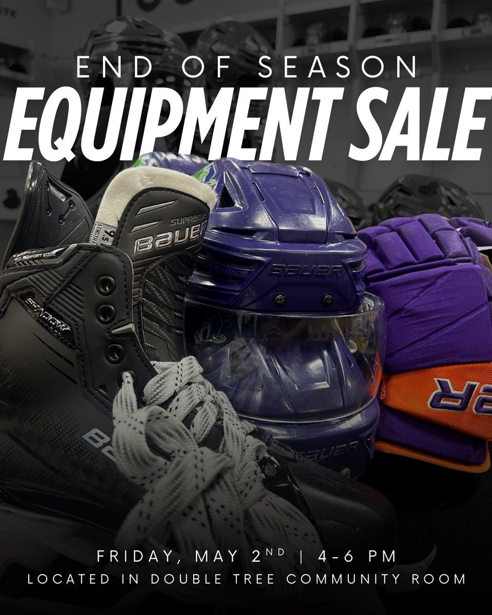 YtownPhantoms's tweet photo. Time to gear up! 🏒 

We're holding an end-of-season equipment sale in the Double Tree Community Room this Friday. — Everything is sold AS IS with NO returns.

***Everything is first come first serve! https://t.co/1vuSpSL9FF