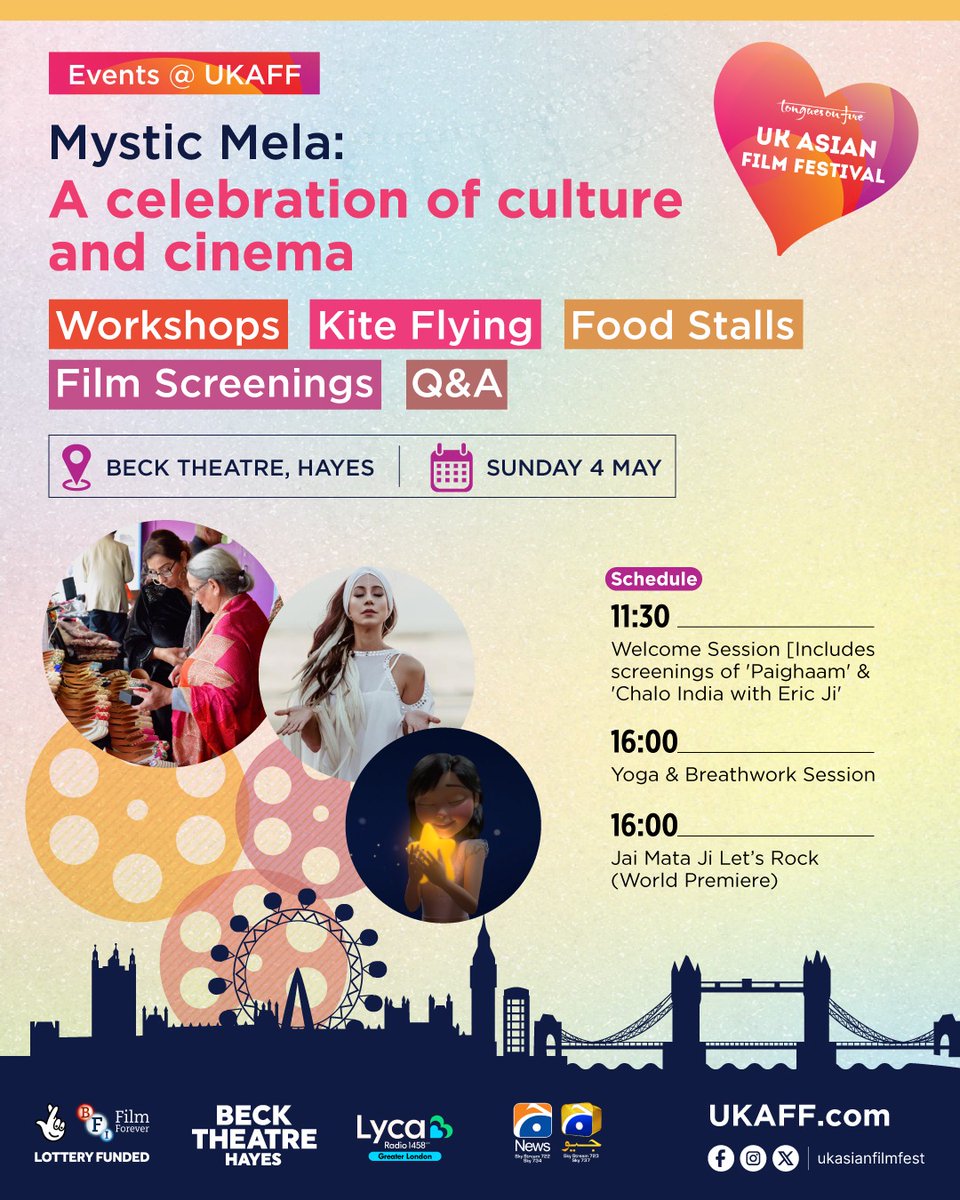 Culture, cinema &amp; celebration await at Mystic Mela! 
Kite flying, food stalls, film screenings, workshops &amp; more at Beck Theatre, Hayes📍Sun, 4 May
Don’t miss the magic. Bring your friends, bring your family! 🎉 
Book now!🎟️parkwoodtheatres.co.uk/beck-theatre/w… 
#MysticMela #UKAFF2025