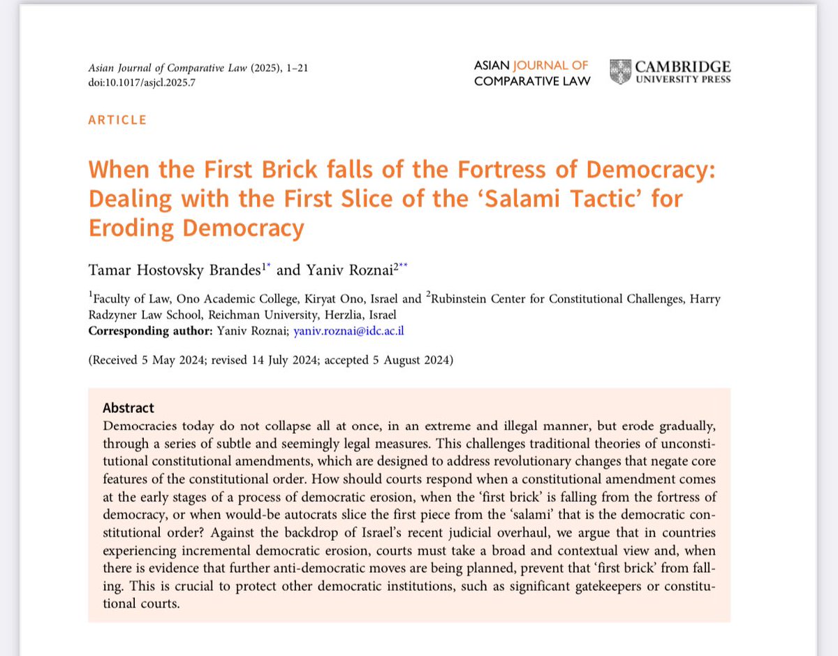 יניב רוזנאי Yaniv Roznai (@roznaiy) on Twitter photo “When the First Brick falls of the Fortress of Democracy: Dealing with the First Slice of the ‘Salami Tactic’ for Eroding Democracy.” A new article with Prof. <a href="/Tamar_hos_bran/">TamarHostovskyBrande</a>, forthcoming at Asian Journal of Comparative Law (<a href="/CUP_Law/">Cambridge University Press - Law</a>), available at: DOI: doi.org/10.1017/asjcl.… “When the First Brick falls of the Fortress of Democracy: Dealing with the First Slice of the ‘Salami Tactic’ for Eroding Democracy.” A new article with Prof. <a href="/Tamar_hos_bran/">TamarHostovskyBrande</a>, forthcoming at Asian Journal of Comparative Law (<a href="/CUP_Law/">Cambridge University Press - Law</a>), available at: DOI: doi.org/10.1017/asjcl.…