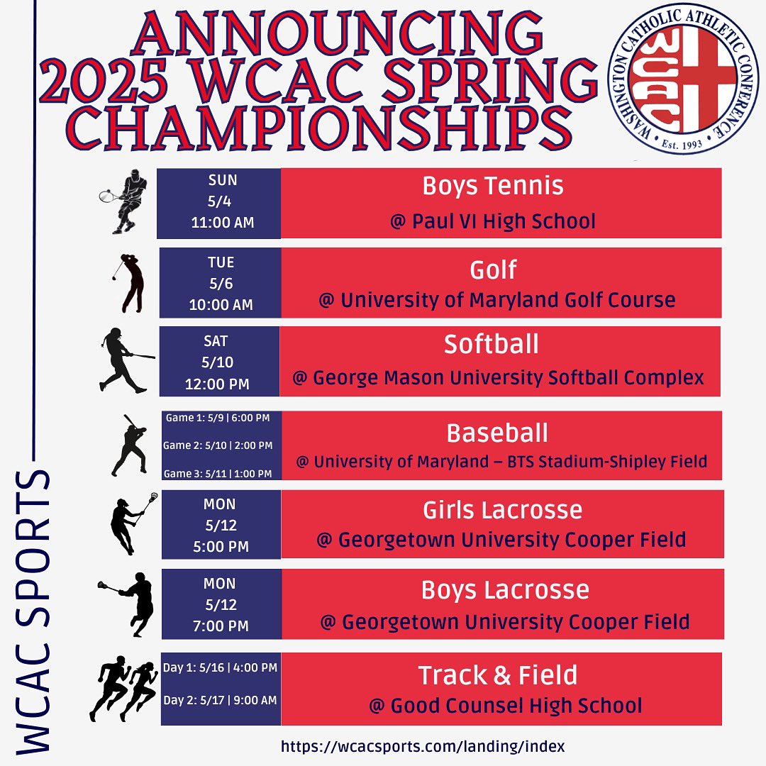 WCACSports's tweet photo. Get ready for the 2025 WCAC Spring Championships🏆— where champions are made and legacies are built🎾⛳️🥎⚾️🥍🏃🏼🏃🏽♀️🏃🏽♂️
Don’t miss the action‼️
#WCAC #WcacExcellence #WcacStrong #WcacSpringSports #WCACChampionships https://t.co/VNJfCAfgrh