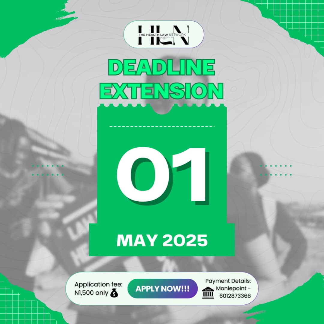 DEADLINE EXTENSION!!
We have heard you, health law enthusiasts 🤩🤩
We're extending the deadline to May 1🥳.
Don’t miss your chance to be part of something impactful. 

*Apply now! Click here to apply* 🫴
bit.ly/HLNRecruitment…