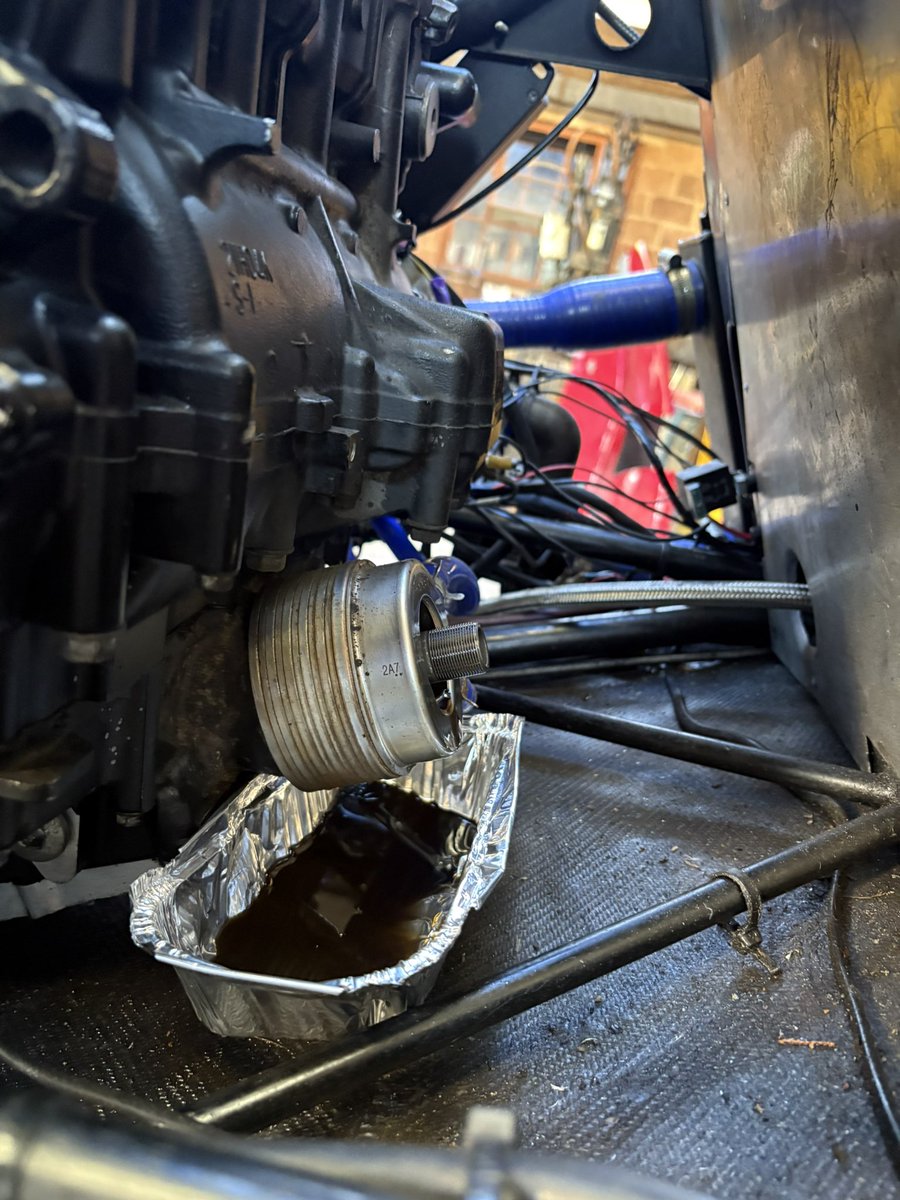 It’s not that I’m lazy 😂, I just didn’t want to drop the floor to drop the oil just to change the oil filter mounting, the crane just lifts the car up so all the oil goes to the back so only the oil in the filter came out.