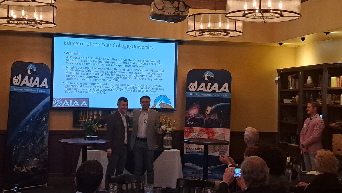 CSUMechEngr's tweet image. Dr. Azer Yalin received the Educator of the Year Award from the AIAA Rocky Mountain Section on April 24. The award was presented by Prof. Ciprian Dumitrache, AIAA RMS Secretary and Dr. Yalin’s former PhD student. Congratulations to Dr. Yalin on this honor!