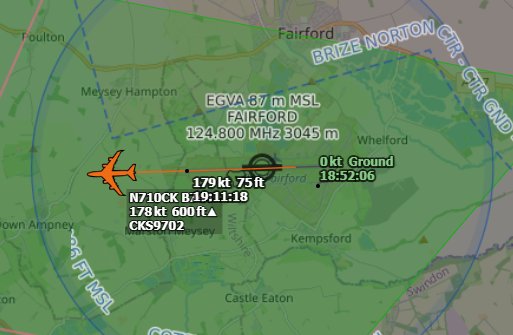 Andyyyyrrrr's tweet image. 19:11 CONNIE 9702 Kalitta Air 747-400 (F)
Departed from RAF Fairford #EGVA after Picking up leftover ?BTF? Supplies, Heading to Honk Kong #VHHH
Climbing to FL060 and was handed off from Fairford Tower 246.350
Working Brize Radar 127.255
#CKS9702 Tail : #N710CK