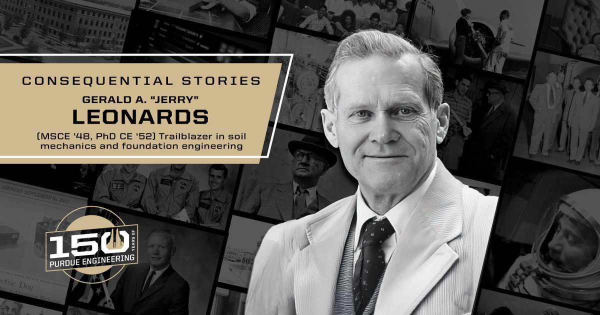 PurdueEngineers's tweet photo. 🗓️ April 29 (2021)

Gerald A. “Jerry” Leonards (MSCE ’48, PhD CE ’52) – Trailblazer in soil mechanics and foundation engineering – was so beloved and respected that long after he died in 1997 at age 75, his 100th birthday was celebrated on this day at an event hosted by the Purdue Geotechnical Society. As a faculty member in Purdue's College of Engineering from 1952 to 1991, he gained recognition as a towering figure in geotechnical engineering. Throughout his career, Leonards' insight and expertise were sought for earthwork and foundation projects worldwide. He was the only "non-European" invited by the Italian government to sit on an official commission tasked with investigating methods to stabilize the "leaning" Tower of Pisa. His seminal book, Foundation Engineering, became a globally recognized reference in the field.

In 1980, Leonards was invited by the American Society of Civil Engineers (ASCE) to deliver its prestigious Terzaghi Lecture. His contributions were further recognized with his induction into the National Academy of Engineering in 1988, and receipt of ASCE's Karl Terzaghi Award in 1989 and Norman Medal in 1965.

Purdue Engineering Timeline: https://t.co/76LB7SaTYZ
 
#PurdueEngineering150 @PurdueCCE