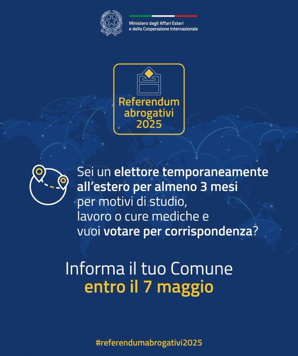 Puoi esercitare il diritto di voto per corrispondenza dal luogo in cui ti trovi.

Scopri come fare sulla nostra pagina web (Home page – speciale Referendum abrogativi 2025)!

#Referendumabrogativi2025