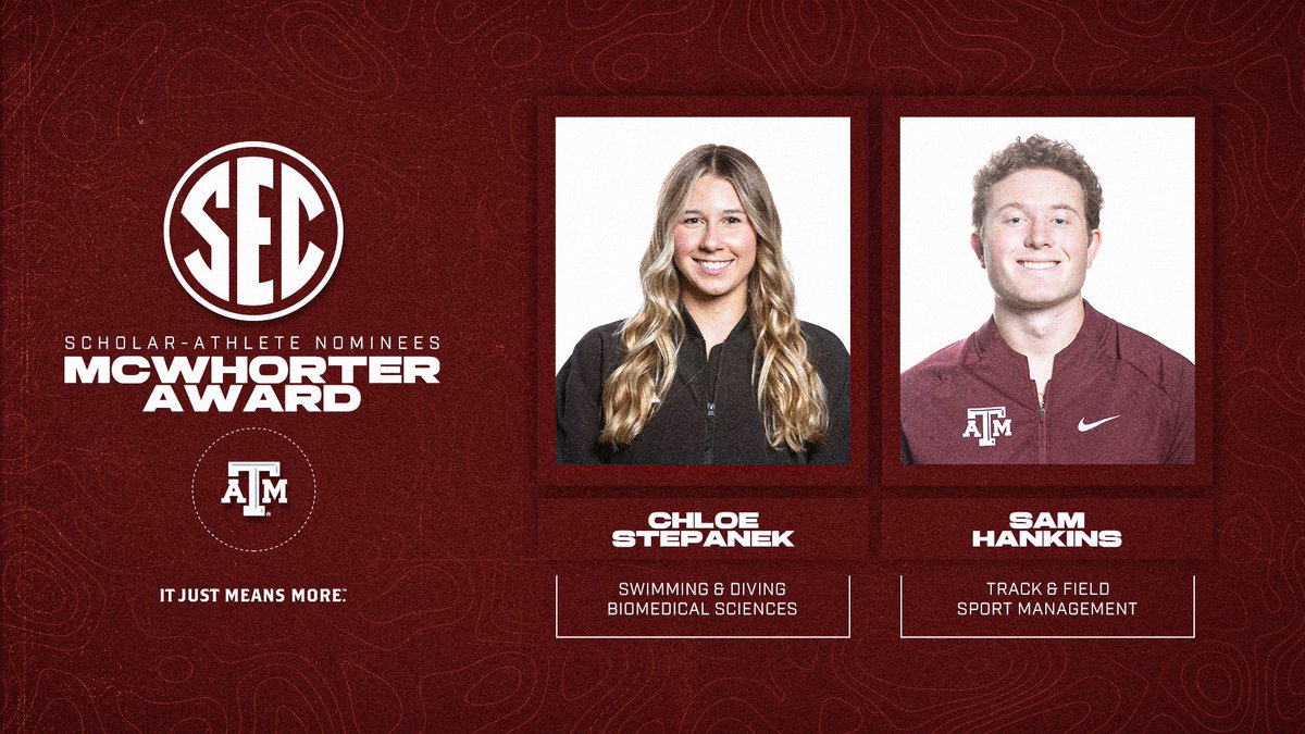 Southeastern Conference (@sec) on Twitter photo ๐ Announcing <a href="/12thMan/">Texas A&M Athletics</a>'s nominees for the 2025 H. Boyd McWhorter Scholar-Athlete Post-Graduate Scholarship award!
๐โโ๏ธ Chloe Stepanek, <a href="/AggieSwimDive/">Texas A&M Swimming & Diving</a>
๐ Sam Hankins, <a href="/aggietfxc/">Texas A&M Track & Field/Cross Country</a>
๐ secsports.social/hbm-tamu25 ๐ Announcing <a href="/12thMan/">Texas A&M Athletics</a>'s nominees for the 2025 H. Boyd McWhorter Scholar-Athlete Post-Graduate Scholarship award!
๐โโ๏ธ Chloe Stepanek, <a href="/AggieSwimDive/">Texas A&M Swimming & Diving</a>
๐ Sam Hankins, <a href="/aggietfxc/">Texas A&M Track & Field/Cross Country</a>
๐ secsports.social/hbm-tamu25