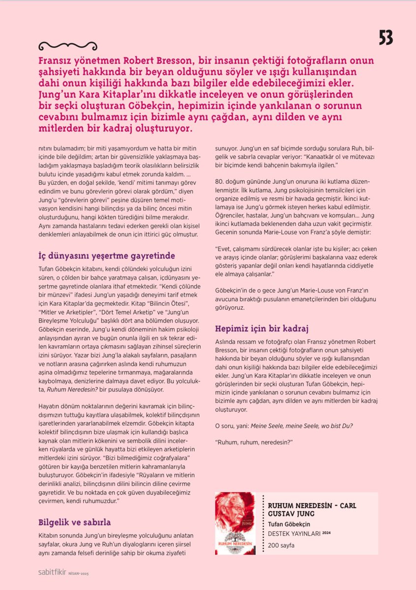 Kendi çölündeki yolculuğun izini süren, o çölden bir bahçe yaratma gayretinde olanlar için seçkin bir okuma… 
Sabitfikir’in 170. sayısında <a href="/tufangobekcin/">Tufan Göbekçin</a> ’in Jung’un “Kara Kitaplar”ının merkezinde kaleme aldığı “Ruhum Neredesin?”i yazdım. 
<a href="/SabitFikir/">SabitFikir</a>