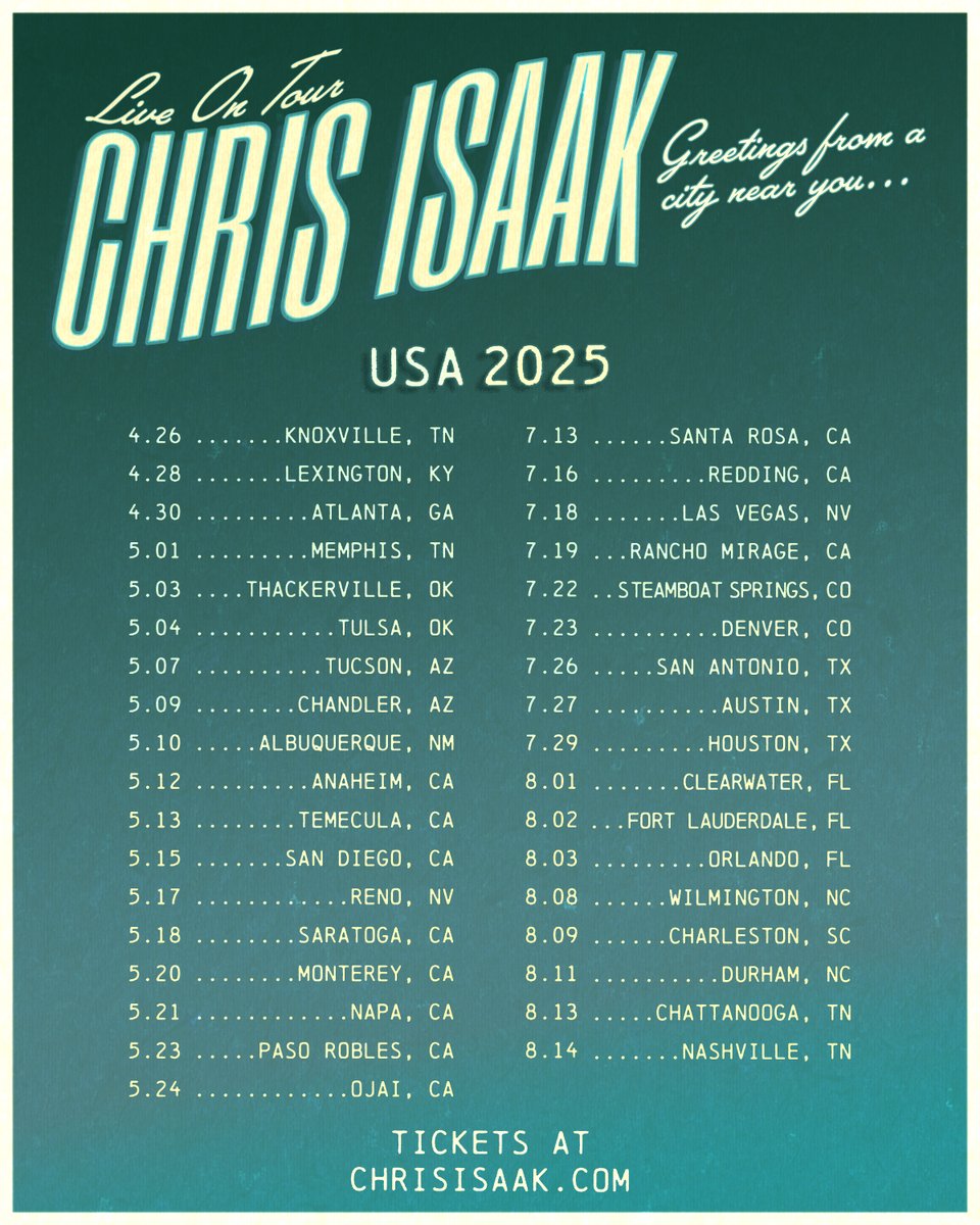 ChrisIsaak's tweet image. We’re having so much fun out here, we had to add a few more shows!
Swipe to check out the new dates—hope to see even more of you on the road. 🌵🌴 🎶
Tickets for the new shows go on sale Friday, 5/2 at 10am local time @ chrisisaak.com.
And who knows… there might be…