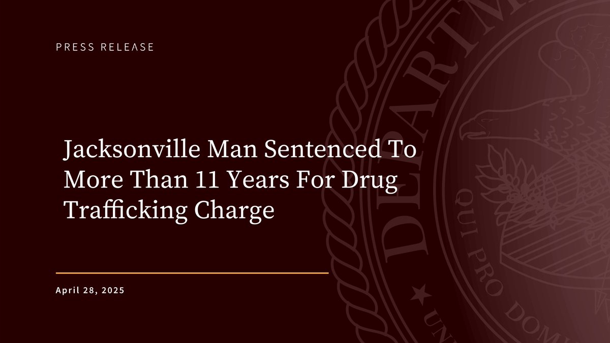 USAO Middle Florida (@usao_mdfl) on Twitter photo Jacksonville man sentenced to 11+ years for drug trafficking. #OCDETF <a href="/FBIJacksonville/">FBI Jacksonville</a> <a href="/HSITampa/">HSI Tampa</a> <a href="/USPIS_CentralFL/">USPIS - Central Florida</a> <a href="/JSOPIO/">Jax Sheriff's Office</a>
justice.gov/usao-mdfl/pr/j… Jacksonville man sentenced to 11+ years for drug trafficking. #OCDETF <a href="/FBIJacksonville/">FBI Jacksonville</a> <a href="/HSITampa/">HSI Tampa</a> <a href="/USPIS_CentralFL/">USPIS - Central Florida</a> <a href="/JSOPIO/">Jax Sheriff's Office</a>
justice.gov/usao-mdfl/pr/j…