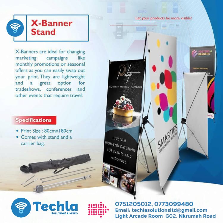 TechlaUganda's tweet photo. Stand tall and stand out with our premium X-stands — the perfect solution for showcasing your brand with elegance and impact. Lightweight, portable, and easy to set up, our X-stands ensure your message captures attention at exhibitions, conferences, retail spaces, and beyond. https://t.co/OOcEQB4TGB