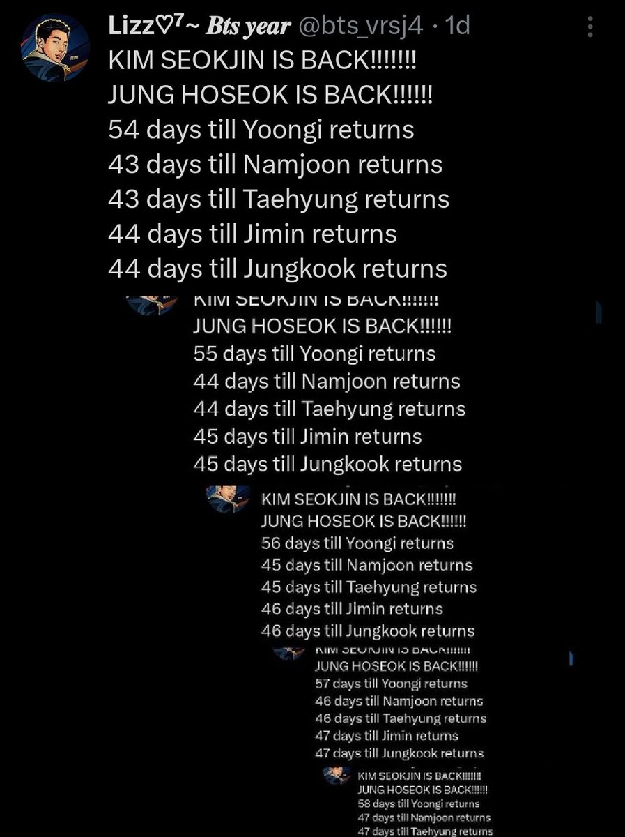 bts_vrsj4's tweet photo. KIM SEOKJIN IS BACK!!!!!!!
JUNG HOSEOK IS BACK!!!!!!
53 days till Yoongi returns 
42 days till Namjoon returns 
42 days till Taehyung returns
43 days till Jimin returns 
43 days till Jungkook returns https://t.co/SHAeCG2ih3
