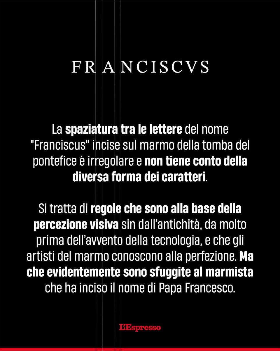 espressonline's tweet photo. Si tratta di regole che sono alla base della percezione visiva sin dall’antichità. Ma che evidentemente sono sfuggite al marmista che ha inciso il nome di Papa Francesco

https://t.co/VCrcMVDWxK https://t.co/VoG9bLYxr8