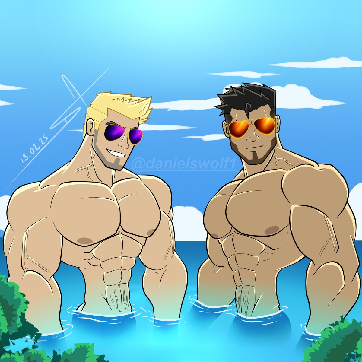 Fritz: I am happy for you, Bruder
Galen: *faking a smile*
Fritz: oh C'mon Galen
Galen: haha I was joking, let's pose for the photo

Galen ( right), Fritz ( left) are my OCs :3

#OC #musclecharacter #character #originalcharacter #baraart #baraartist #baraartwork #bara #muscled