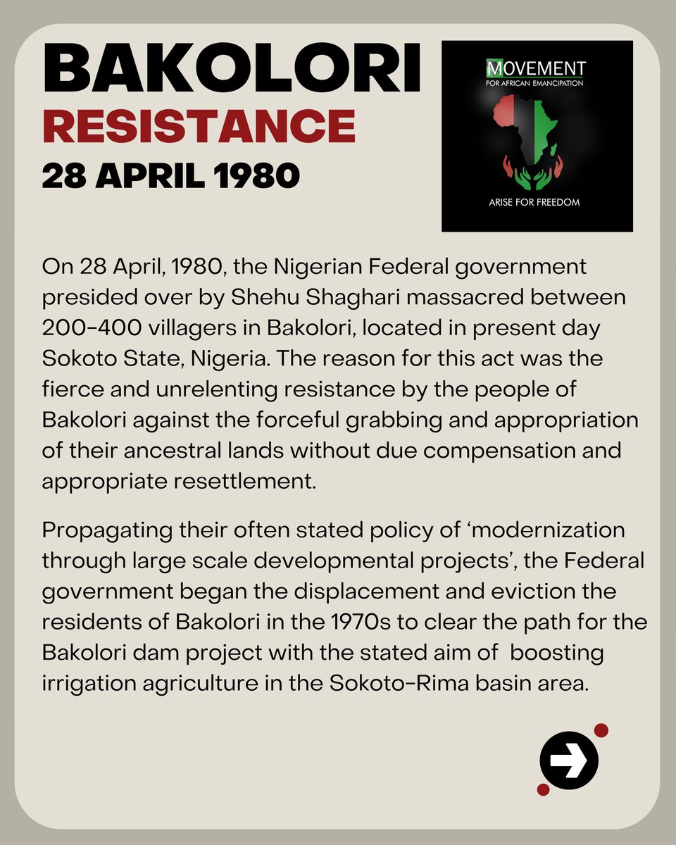Arise4freedom's tweet photo. On 28 April, 1980, the Nigerian Federal government presided over by Shehu Shaghari massacred between 200-400 villagers in Bakolori, located in present day Sokoto State, Nigeria. https://t.co/ZVytbcgH4A