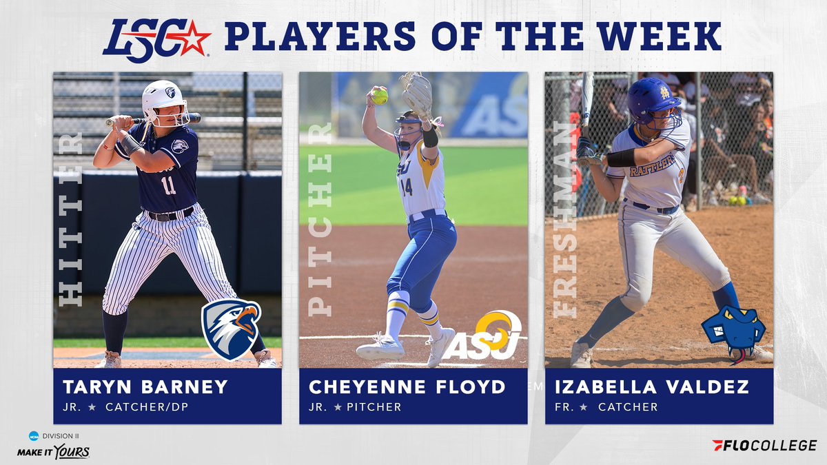Lone Star Conference (@lonestarconf) on Twitter photo #LSCsb Players of the Week β April 28 π₯
Hitter: Taryn Barney, <a href="/uttylerpatriots/">UT Tyler Patriots</a>
Pitcher: Cheyenne Floyd, <a href="/angeloathletics/">Angelo State Athletics</a>
Freshman: Izabella Valdez, <a href="/StMarysRattlers/">St. Mary's Rattlers</a>
π bit.ly/4cNm5vC
#D2sb <a href="/FloCollege/">FloCollege</a> #LSCsb Players of the Week β April 28 π₯
Hitter: Taryn Barney, <a href="/uttylerpatriots/">UT Tyler Patriots</a>
Pitcher: Cheyenne Floyd, <a href="/angeloathletics/">Angelo State Athletics</a>
Freshman: Izabella Valdez, <a href="/StMarysRattlers/">St. Mary's Rattlers</a>
π bit.ly/4cNm5vC
#D2sb <a href="/FloCollege/">FloCollege</a>
