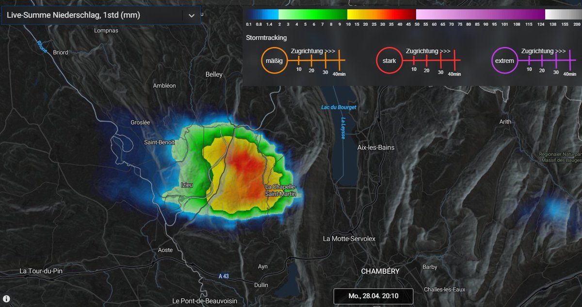 Kachelmannwettr's tweet image. Heftiger #Starkregen auch an den französischen Alpen derzeit. Nahezu ortsfeste Gewitter südlich des Lac de Bourget, siehe #StormTracker: kachelmannwetter.com/de/stormtracki…, laut Radaranalyse bis zu 50 l/m² letzte Stunde (Quelle: Meteologix Dashboard) /FA