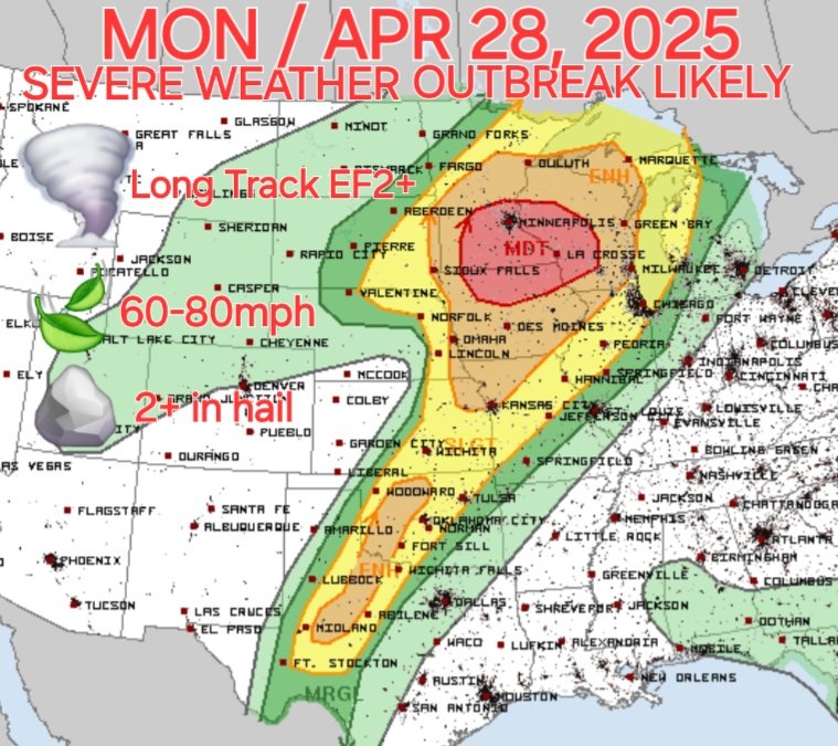 VASCARSTEAM's tweet photo. Severe weather is possible across the Plains today from Texas to Minnesota, with the highest chances for significant winds and tornadoes existing in Oklahoma, Iowa, Minnesota and Wisconsin. Potentially high end, long track tornadoes are possible. Have a way to receive warnings! https://t.co/TSxZ0DfYSM