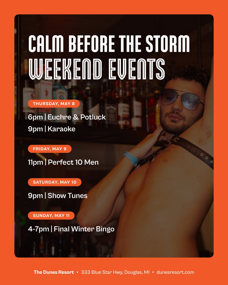 DunesResort's tweet photo. Before things get wild, things get fun. Join us in savoring the Calm Before The Storm and relish how relaxing The Dunes can be with an open schedule during the day and spirited events πΉeach night.
Scroll to see what we have planned. π²
#dunesresort #gayresort #Saugatuck https://t.co/TeD5RI9nTe
