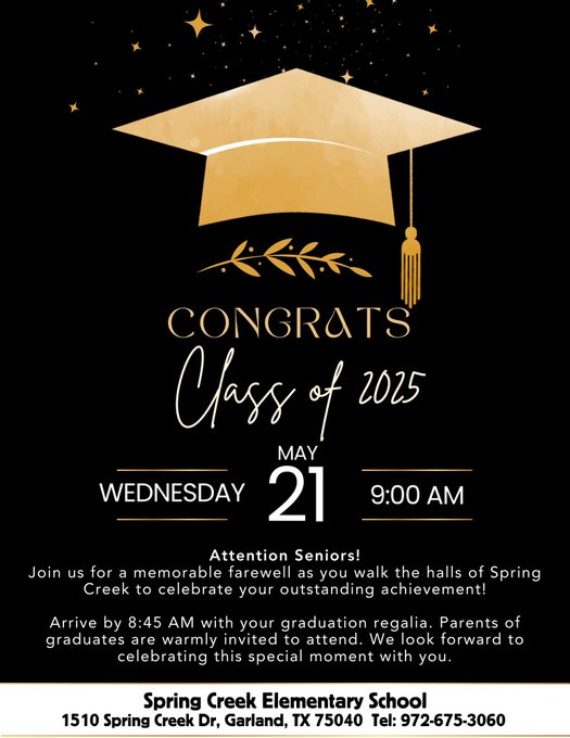 Calling all Naaman Forest Graduates and Spring Creek Elementary School Alumni!!!📢

Attention Seniors! This is your chance to celebrate your journey as you stroll through the halls one last time, surrounded by the teachers who have supported you along the way.  May 21  @ 9:00 AM