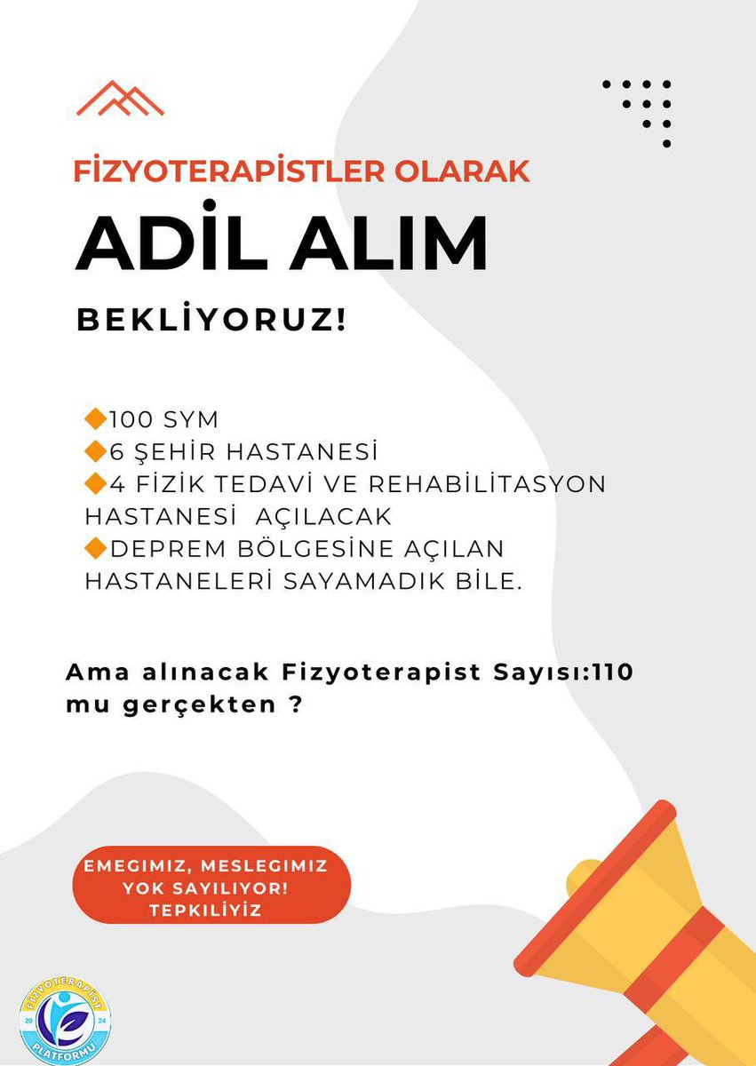 Fizyoterapist12's tweet photo. 📢📢 Sayın Bakanım  @drmemisoglu

🔶2025 ve 2026 da açılacak bu kadar kamu kurumu varken biz sağlık lisansıyerleri için tahmini olarak paylaşılan acilen düzeltilmesini ve ek olarak bizlere kontenjan verilmesini talep ediyoruz.

🔶 Sağlıkta tasarruf koruyucu sağlıktan yapılmaz.

@saglikbakanligi
@halksagligigm
@suayipbirinci
@drtopaloglu 

#SağlıktaLisansaAdilKadro