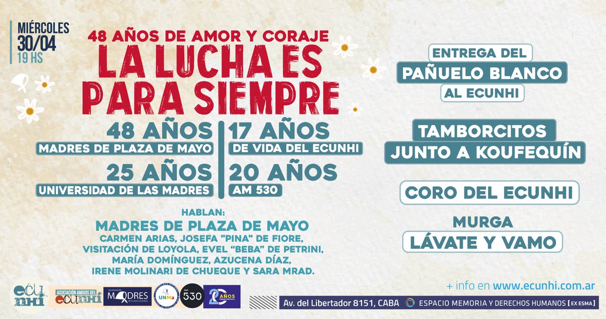 48 AÑOS DE AMOR Y CORAJE
LA LUCHA ES PARA SIEMPRE

El 30 de abril celebramos los 48 años de lucha de las Madres de Plaza de Mayo