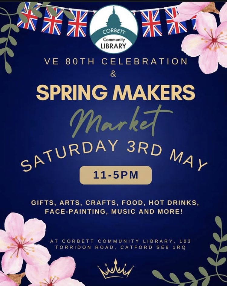 Join us on Sat 3 May 11am-5pm for our VE Day 80th celebrations Spring Makers Market! 

Art &amp; craft stalls, food &amp; drink, face-painting, music. Stalls in the library, and at St Andrews Church Hall opposite incl a Forgotten Treasures sale featuring a tabletop sale and pop-up café.