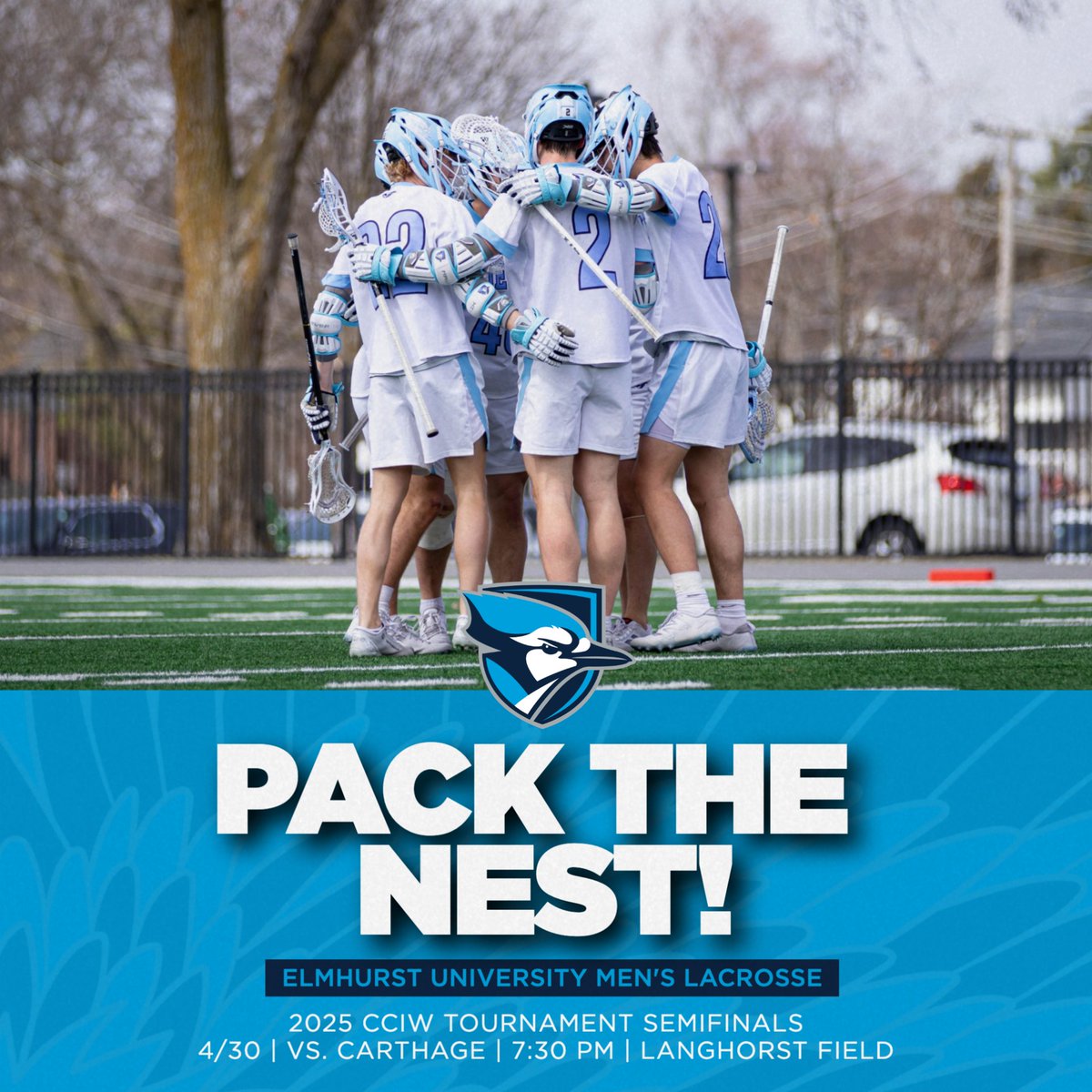 It's time to PACK THE NEST!

<a href="/ElmhurstU_MLAX/">Elmhurst University Men's Lacrosse</a> hosts Carthage this Wednesday, April 30, in the CCIW Tournament Semifinals! Faceoff is at 7:30pm at Langhorst Field. #FlyJaysFly