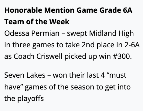 6ATxHSBaseball (@6atxhsbaseball) on Twitter photo The Honorable Mention <a href="/GameGrade/">GameGrade®</a> 6A Teams of the Week goes to <a href="/MOJO_HARDBALL/">PERMIAN BASEBALL</a> and <a href="/7Lakesbaseball/">SLHS Baseball</a> <a href="/TxHS_Baseball/">THSB</a> The Honorable Mention <a href="/GameGrade/">GameGrade®</a> 6A Teams of the Week goes to <a href="/MOJO_HARDBALL/">PERMIAN BASEBALL</a> and <a href="/7Lakesbaseball/">SLHS Baseball</a> <a href="/TxHS_Baseball/">THSB</a>