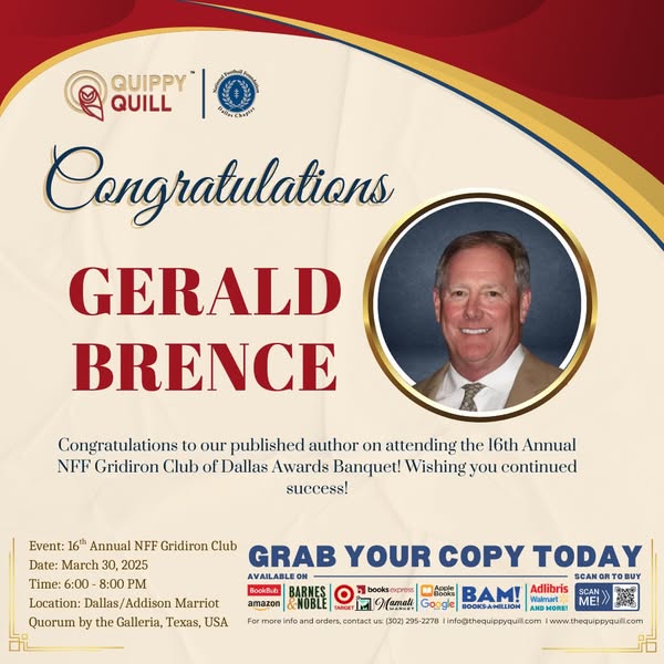 brence_gerald's tweet photo. We extend our heartfelt congratulations to our published author, Gerald Brence, for participating in the 16th Annual NFF Gridiron Club of Dallas Awards Banquet on March 30, 2025! 📷

Gerald Brence Website: https://t.co/qvb6TzJNQS
Visit for more books: https://t.co/acWuOKxmYV https://t.co/dEXC3Lx7SH