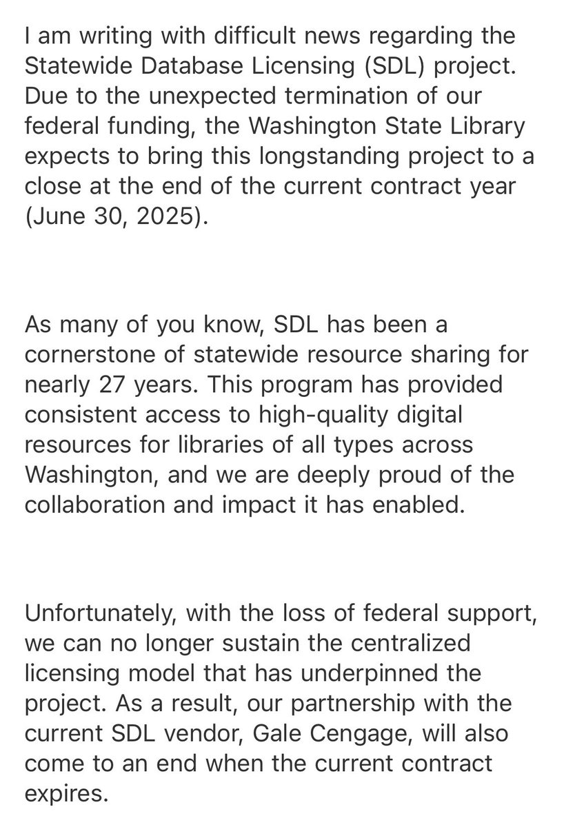I know this administration is executing overt, immediate horrors but please keep your eye on what’s happening with libraries because it’s terrifying. These databases make high quality sources accessible to anyone with a library card. The research &amp; educational losses are profound
