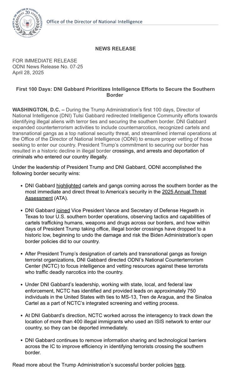 DNI Tulsi Gabbard (@dnigabbard) on Twitter photo President Trump was given a mandate by the American people to secure our borders, stop the Biden Administration’s dangerous open border policies, and ensure the safety, security, and freedom of the American people. At <a href="/ODNIgov/">Office of the DNI</a>, we are carrying out this mandate by prioritizing President Trump was given a mandate by the American people to secure our borders, stop the Biden Administration’s dangerous open border policies, and ensure the safety, security, and freedom of the American people. At <a href="/ODNIgov/">Office of the DNI</a>, we are carrying out this mandate by prioritizing