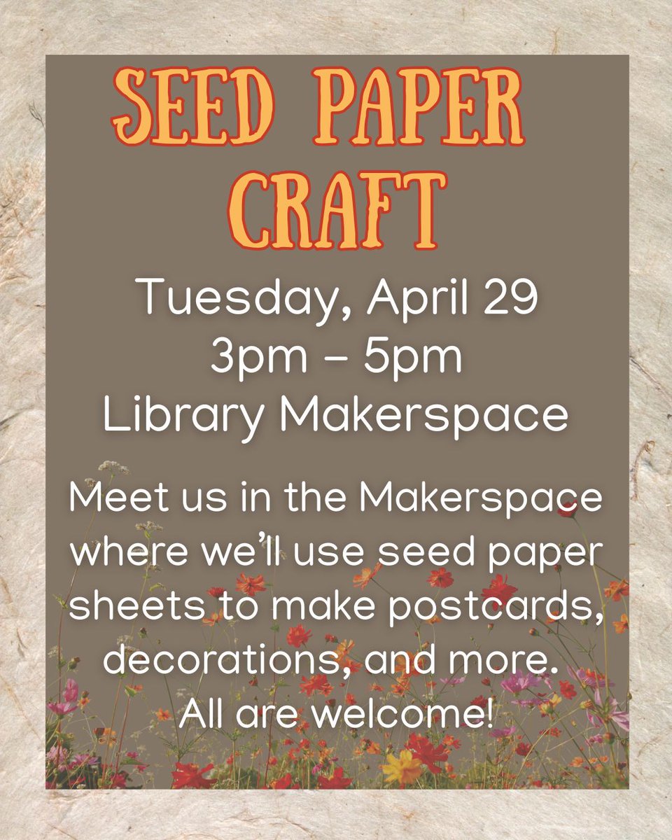 RMClib's tweet image. Join us in the Makerspace tomorrow, Tuesday, April 29, 3p-5p, to create postcards, decorations, and more with seed paper!