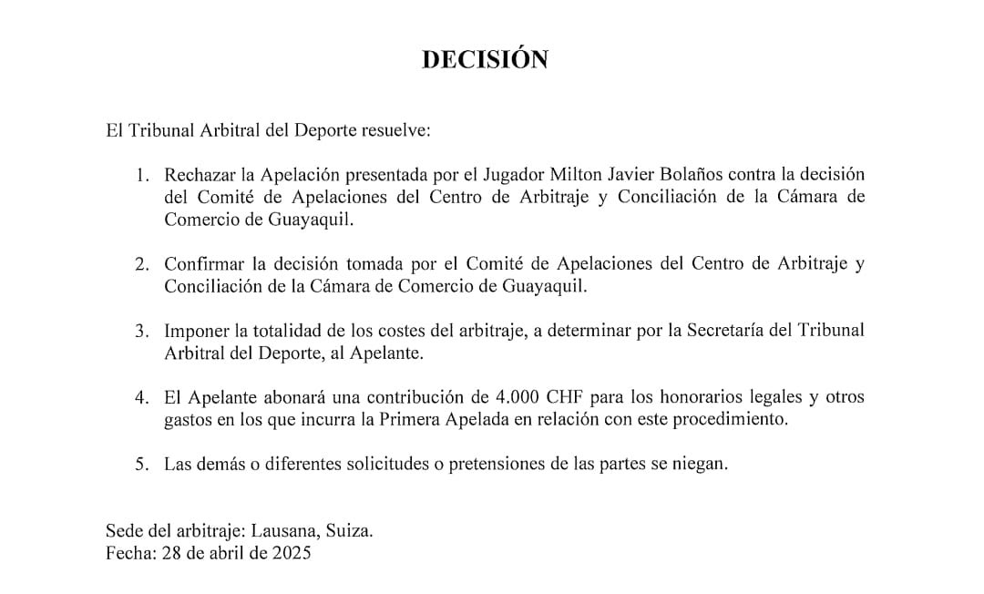 miguelloor's tweet photo. Durante meses he tenido que leer oprobios, acusaciones e incluso burlas en contra de la Dirección de Integridad de LigaPro y de nuestra Comisión Disciplinaria. 

Entre abogados utilizar el desprestigio, como mecanismo de defensa, no es algo que considere correcto. Tampoco, me parece adecuado el usar una red social como espacio para pretender posicionar argumentos jurídicos sobre un caso. Mas aún, si se es periodista y abogado de una parte. Sin embargo, eso ya queda en cada profesional.

Así, durante meses, algunos promovieron la amenaza mediática de que "el TAS los va a revolcar", como parte de un discurso en el que asimismo se venera todo fallo internacional (FIFA, CONMEBOL o TAS), como si fueran palabra santa para desacreditar lo que se resuelve localmente. Personalmente, discrepo de esa visión: siempre será válido y legítimo criticar cualquier resolución, nacional o internacional, si se considera equivocada. Pero lo que no puede negarse es que hoy, tras un proceso completo y transparente, ha sido justamente el TAS quien ha ratificado plenamente la sanción, la competencia de LigaPro y la solidez de nuestra investigación. No porque venga de afuera vale más:; sino porque esta vez, la verdad ha sido confirmada en todos los niveles.

Pero bueno… Ahora quisiera saber cómo hará @la_abogada_ de este jugador al ver que las instituciones internacionales, que tanto destaca, le dan la razón a la Dirección de Integridad de LigaPro y a la Comisión Disciplinaria.

Durante la audiencia, lejos de centrar su esfuerzo en una defensa jurídica adecuada para su cliente, la abogada optó por dirigir agravios personales contra Gabriel Drouet, un profesional con un currículo intachable: 14 años de experiencia en la Embajada de Estados Unidos 🇺🇸 como agente investigador y jefe de la Sección de Fraude. Más sencillo fue intentar hacer un show en redes sociales durante meses, criticándonos, que aceptar los hechos, ejercer una defensa técnica, ética y respetuosa de las personas. Sin embargo, más allá de cualquier ataque personal, el trabajo serio prevaleció: la investigación prosperó, las instancias nacionales e internacionales ratificaron nuestras acciones, y la verdad se impuso.

Hasta hoy nunca escribí nada sobre este caso, silenciosamente espere el día que llegue el fallo del TAS, sabiendo que habíamos actuado correctamente en todo momento. Eso sí, tuve que leer decenas de posteos diciéndonos mil cosas de todos los colores.

Hoy el TAS ha negado las pretensiones de su defensa; y, por consiguiente, ha ratificado la sanción de dos años de suspensión; la primera de este tipo en el país. El resultado es claro: su defensa optó por negar lo evidente, en lugar de reconocer que LigaPro actuó correctamente desde el inicio. Todos tienen derecho a una defensa, pero también corresponde aceptar cuando los hechos, las pruebas y el trabajo serio terminan dándonos la razón.

Y no sólo eso, también se les mandó pagar todas las costas del arbitraje y 4.000 francos suizos a favor de LigaPro. 

Considero a Mariela una muy buena abogada, pero no comparto su proceder en este caso. Puedes siempre defender a tu cliente, sin actuar así contra la parte contraria. 

Milton me pareció siempre un buen chico. Ojalá luego de la sanción retome las actividades que considere. En medio del proceso trate de buscar un espacio en el que el jugador pida disculpas y encontrar atenuantes a su sanción, pero no tuve acogida. 

Este fallo del TAS una vez más reconoce a nuestra prestigiosa Comisión Disciplinaria de la también prestigiosa Cámara de Comercio de Guayaquil.