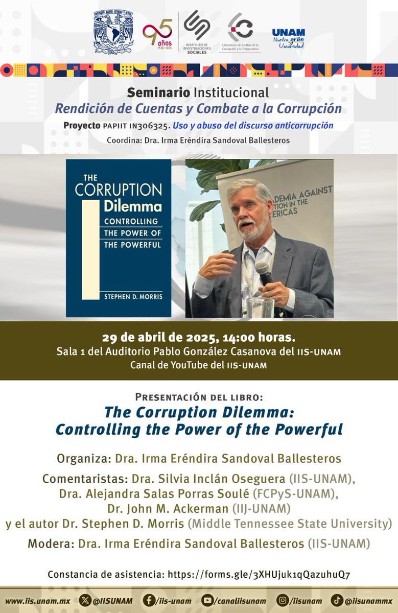 Muy honrada de que mi colega y amigo Dr. Steve Morris nos acompañará mañana 29 de abril en el Laboratorio Anti Corrupción del <a href="/IISUNAM/">IISUNAM</a> 14 hrs 
Acompáñenos a un gran debate con destacados especialistas de la UNAM.
Dr. John M. Ackerman
Dra. Alejandra Sala Porras
Dra. Silvia Inclan