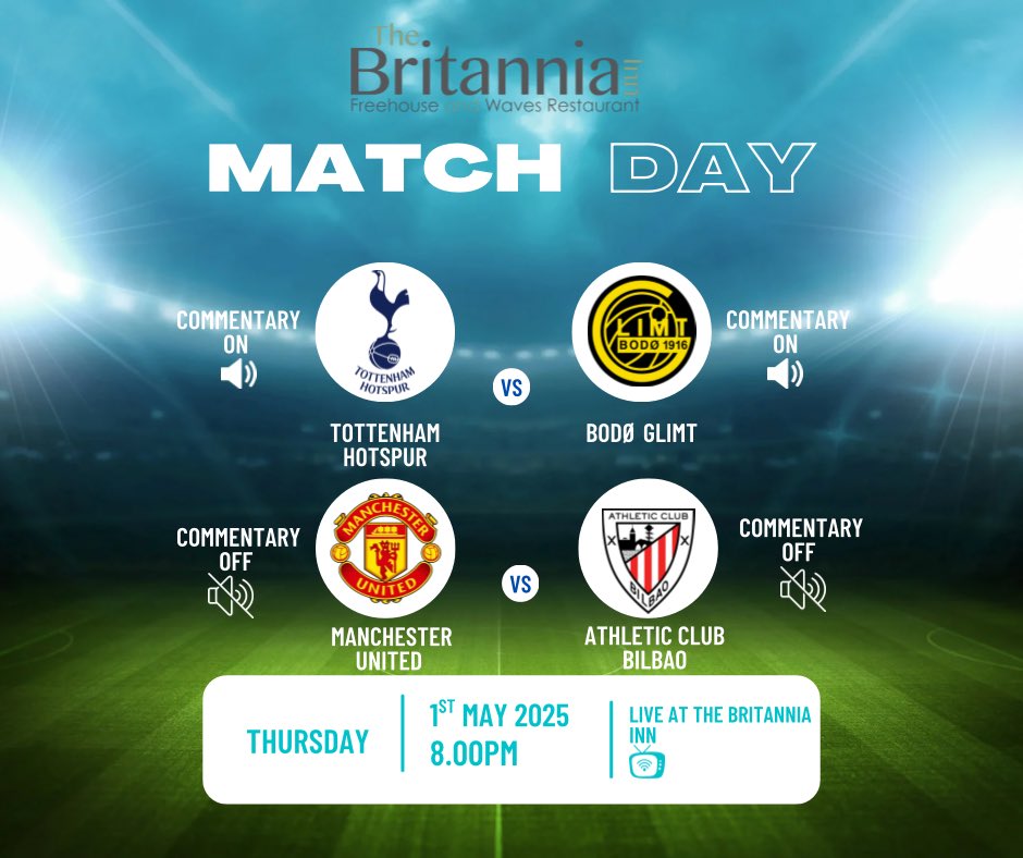 BritBarandWaves's tweet photo. ⚽️ Footy fans, THURSDAY 1st MAY IS YOUR NIGHT! 

Tottenham vs Bodo/Glimt 
(with commentary 🔊)

Man United vs Athletic Club Bilbao 

Get the gang, grab a pint, and let’s make a night of it 🍻

Kick-off 8pm 🕗 https://t.co/z1e0xpBz5c