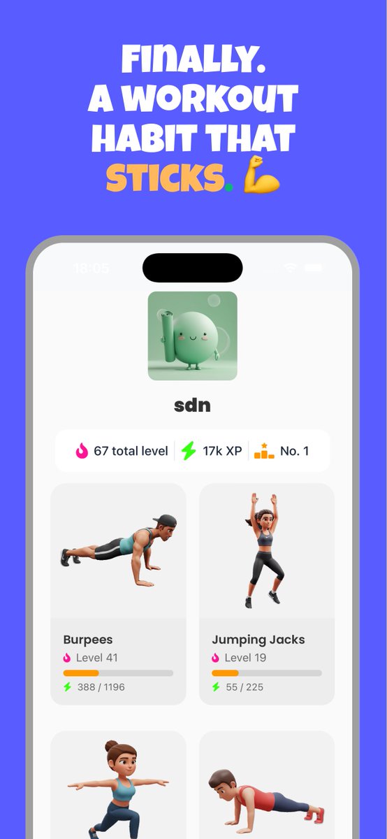 tonnusos's tweet image. WE DID IT!
Snapfit is live on the app store 🚀
1. Do daily micro exercises
2. Level up your skills, reach level 99
3. Your avatar keeps getting stronger
4. Team up with friends, complete goals together
5. Feel better because you're exercising
It's like Strava x Duolingo x…